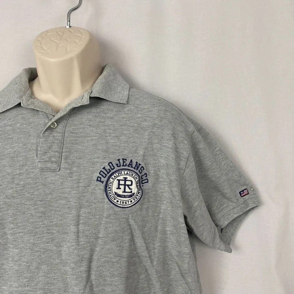 Vintage‎ Polo Ralph Lauren Shirt Medium Mens Cookie Patch Logo Jeans Co Gray 90s